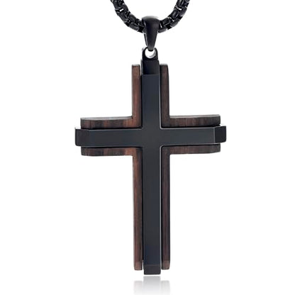 Wooden Cross Necklace for Men With Stainless steel And Black Ebony Adjustable Box Chain 24–26 inches Suitable for Everyday Wear And Christian Gifts for Men - color: Black-M