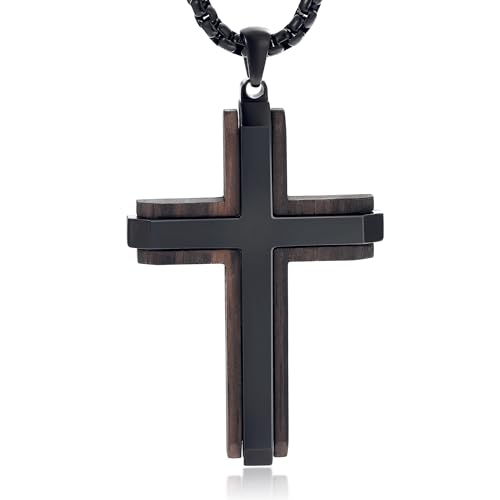 Wooden Cross Necklace for Men With Stainless steel And Black Ebony Adjustable Box Chain 24–26 inches Suitable for Everyday Wear And Christian Gifts for Men - color: Black-M