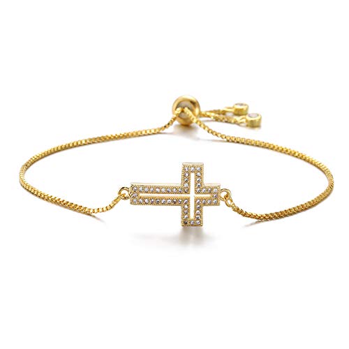 Classic Design AAA+ Cubic Zirconia Cross Charm Bracelets for Women Girl Adjustable Copper Chain Bracelet & Bangle Christian Jewelry Baptism Gift - color: NBSL360-Gold