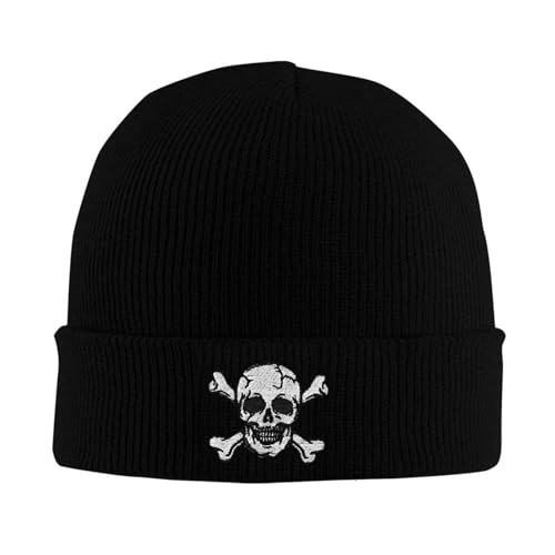 Skull and Crossbones Beanie Hats for Women Men, Funny Winter Warm Cozy Stretchy Knitted Cuffed Skeleton Cap - color: Black