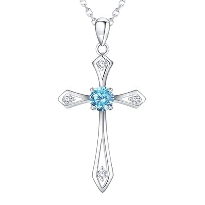 Cross Necklace for Women,925 Sterling Silver Faith Jewerly Gift - color: 03-March-Aquamarine