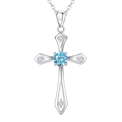 Cross Necklace for Women,925 Sterling Silver Faith Jewerly Gift - color: 03-March-Aquamarine
