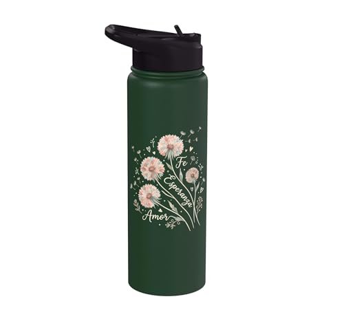 Fe Esperanza Amor Floral Christian Spanish Faith Cristianos Stainless Steel Insulated Water Bottle - color: Dark Green