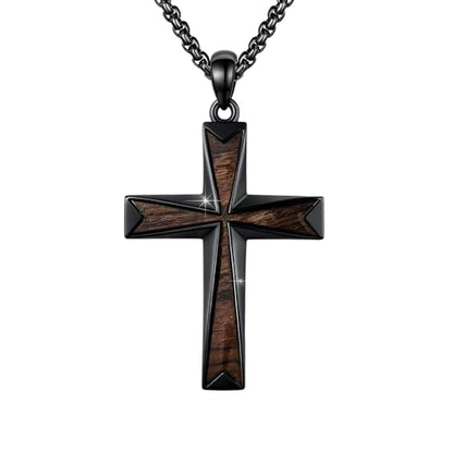 Cross Necklace for Men 925 Sterling Silver Cross Ebony Wooden Ankh Raven Praying Hands Crucifix Amulet Religious Jewelry Gifts for Men Women - color: Cross2