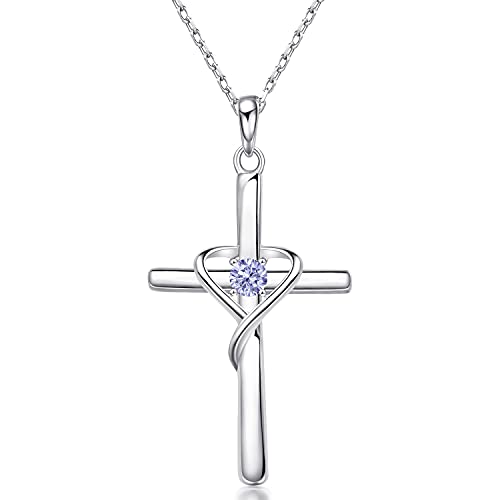 AmorAime 925 Sterling Silver Cross Necklace for Women Men 14K Gold Plated 5A CZ Birthstone Necklaces for Holiday - color: F.Light Purple-June-Alexandrite