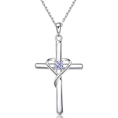 AmorAime 925 Sterling Silver Cross Necklace for Women Men 14K Gold Plated 5A CZ Birthstone Necklaces for Holiday - color: F.Light Purple-June-Alexandrite