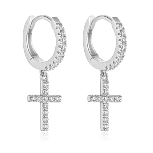 Dainty Huggie Hoop Dangle Earrings for Women, Small Hypoallergenic Hoop Earring with Charm Cross Star Moon Earrings, Sterling Silver CZ Huggie Drop Earrings for Teen Girls - style: Cross-Silver