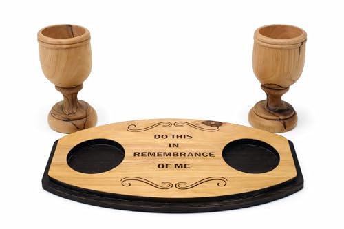 Zuluf Small Olive Wood Communion Cup Set of 2 with Base 2.8 Inch – Handmade Holy Land Christian Chalice Set for Church, Eucharist, Last Supper “Do This in My Remembrance” Gift
