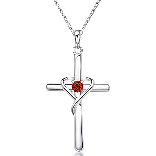 AmorAime 925 Sterling Silver Cross Necklace for Women Men 14K Gold Plated 5A CZ Birthstone Necklaces for Holiday - color: A.Red-Garnet-January