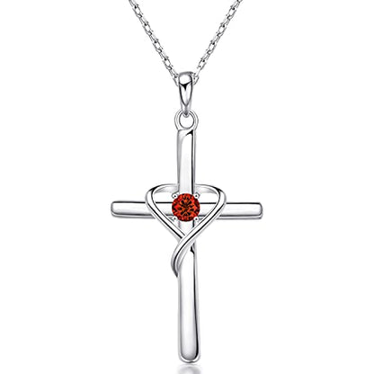 AmorAime 925 Sterling Silver Cross Necklace for Women Men 14K Gold Plated 5A CZ Birthstone Necklaces for Holiday - color: A.Red-Garnet-January
