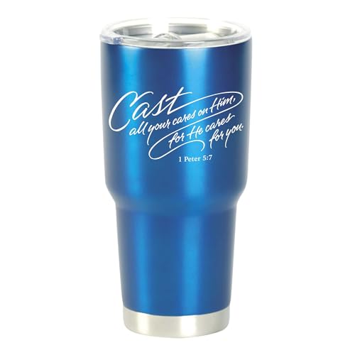 Dicksons SSTUM30BL-24 Cast All Your Cares - 1 Peter 5:7-8 Inch - 30 Ounce Blue Stainless Steel and Plastic Insulated Travel Mug with Lid