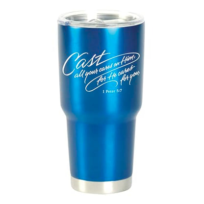 Dicksons SSTUM30BL-24 Cast All Your Cares - 1 Peter 5:7-8 Inch - 30 Ounce Blue Stainless Steel and Plastic Insulated Travel Mug with Lid