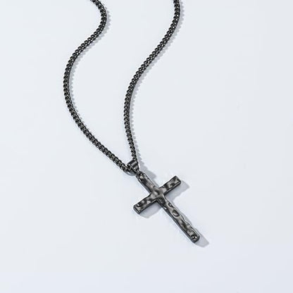 Cross Necklace for Men Boys - Hammered Cross Pendant with Cuban Chain Unique Crucifix Necklaces Christmas Christian Religious Jewelry Gifts 22+2 Inches - color: Black
