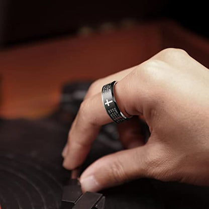 King Will Stainless Steel Men Ring Lord's Prayer Cross Ring Stainless Steel Men Wedding Ring, Wedding Band Bible Engraved Rings High Polished, Comfort Fit - color: black polish