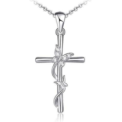 Distance Cross Necklace for Women 925 Sterling Silver Jewelry Pendant Necklace for Mom Wife Gift for Mother's Day or Birthday - style: Butterfly Cross Necklace
