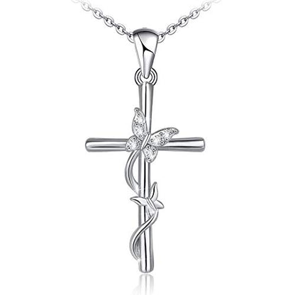 Distance Cross Necklace for Women 925 Sterling Silver Jewelry Pendant Necklace for Mom Wife Gift for Mother's Day or Birthday - style: Butterfly Cross Necklace