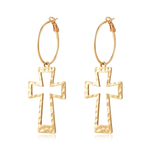 Gold Hoop Earrings Chunky Earrings Cross Earrings Lightweight Drop Dangle Huggie Hoop Earrings for Women Vintage Statement Jewelry - color: Gold
