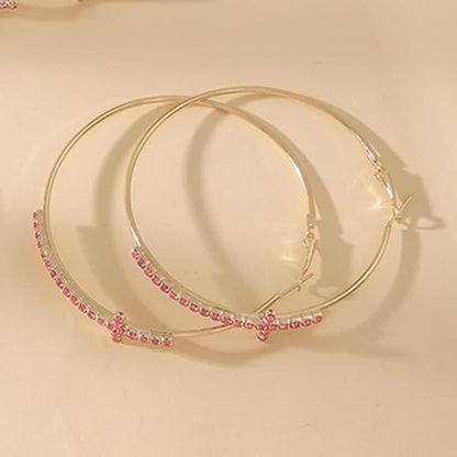 Large Cross Hoop Earrings for Women Sparkly Rhinestone Statement Jewelry for Prom Wedding Party Night Out Accessories Shiny Silver Tone Fashion Dangle Earings - color: Pink