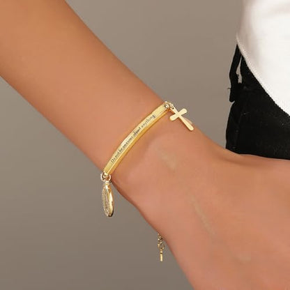 DS Women Christian Charm Bracelet,Cross Scripture Stainless Steel Jewelry - style: Do not be anxious about anything.-Gold