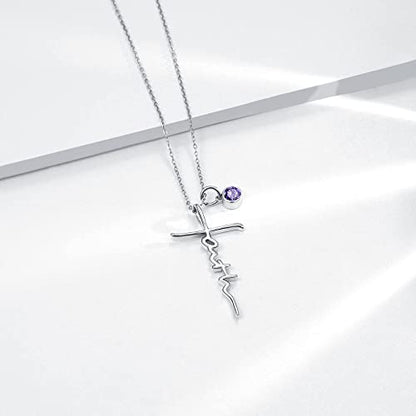 PRAYMOS Faith Cross Necklace for Women 925 Sterling Silver Pendant Necklace With Birthstone Initial Christian Religious Confirmation Baptism Mothers Day Gifts - color: 2-Silver February(Amethyst)