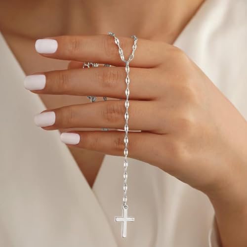 925 Sterling Silver Dainty Cross Lariat Necklace for Women - color: Silver