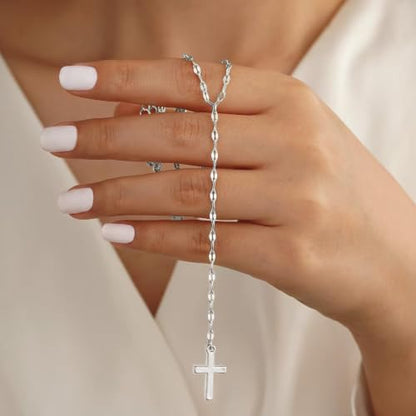925 Sterling Silver Dainty Cross Lariat Necklace for Women - color: Silver