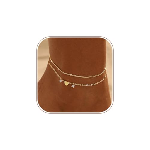 Ankle Bracelets for Women Waterproof Non Tarnish Anklet - style: 2 Layered Bead&Heart-GD
