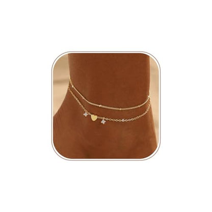 Ankle Bracelets for Women Waterproof Non Tarnish Anklet - style: 2 Layered Bead&Heart-GD