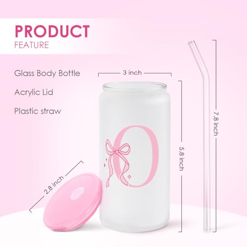 SANDJEST Monogrammed Glass Drinking Can Cup with Acrylic Lid and Straw, Personalized Frosted Iced Coffee Tumbler 16oz, Monogram Initial Gifts for Women Girls on Birthday (O) - color: O