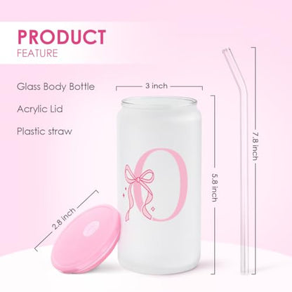SANDJEST Monogrammed Glass Drinking Can Cup with Acrylic Lid and Straw, Personalized Frosted Iced Coffee Tumbler 16oz, Monogram Initial Gifts for Women Girls on Birthday (O) - color: O