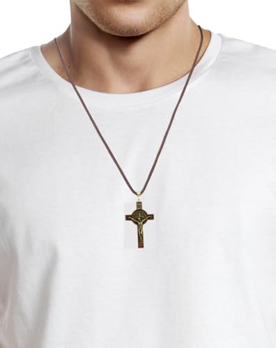 Catholica Shop Saint Benedict Medal Wood Crucifix Cord Necklace for Men & Women – Handcrafted Religious Pendant, Healing, Travel Protection, Perfect for Gifting on Special Occasions, Made in Brazil - style: Small Antique Gold