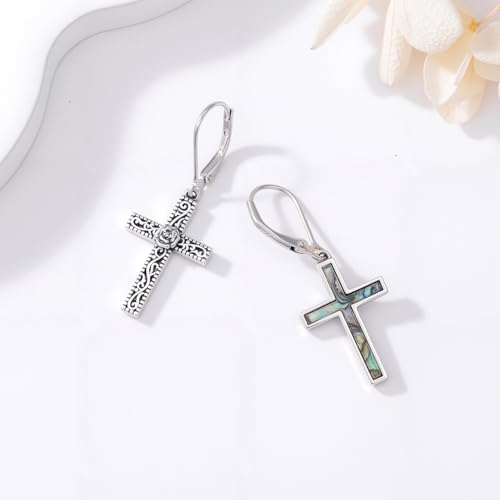 925 Sterling Silver Sunflower/Rose/Plumeria/Hibiscus/Mushroom Cross Earrings for Women Hawaiian Flower/Butterfly Cross Dangle Drop Earrings Jewelry Faith Christian Gift for Her Daughter Wife Girlfriend - style: Rose