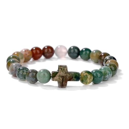 8mm Gemstone Cross Bracelet for Women Men – Stretch Beaded Faith Bracelet with Sideways Cross (Multiple Colors) - style: Indian Agate
