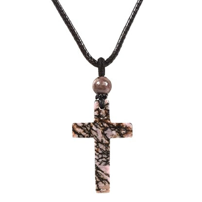 Justinstones Natural Gemstone Carved Cross Reiki Chakra Pendant Necklace 22 Inch - color: 30mm Matrix Rhodonite