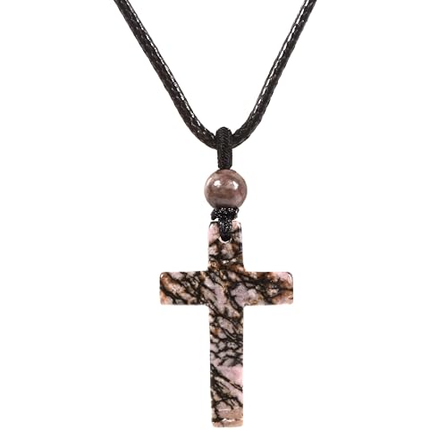 Justinstones Natural Gemstone Carved Cross Reiki Chakra Pendant Necklace 22 Inch - color: 30mm Matrix Rhodonite