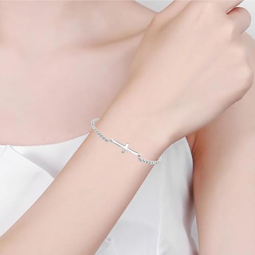 NARTGO Sideways Cross Christian Bracelet for Women Religious Faith Believe Bracelet Baptisms Jewelry Gift Stainless Steel Adjustable Chain - color: Silver