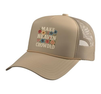 Women Christian Bible Verse Faith Make Heaven Crowded Trucker Hat with Adjustable Mesh Back - color: Khaki