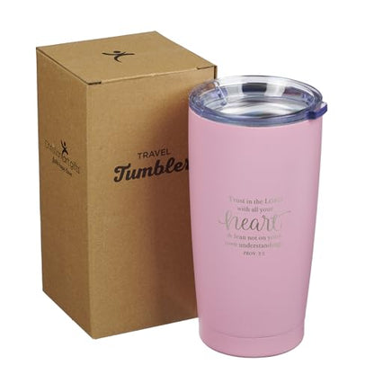 Christian Art Gifts Stainless Steel Double-Wall Vacuum Insulated Travel Mug 18 oz Pink Tumbler with Lid for Women Inspirational Bible Verse - Trust in the Lord - Proverbs 3:5 - color: Pink/Trust in the Lord