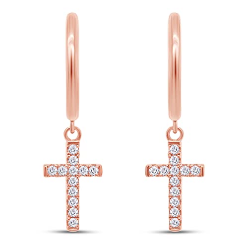 Religious Cross Dangle Drop Earrings Women Sterling Silver 0.20 CT (1/5 Ct) - color: Rose Gold Over Silver