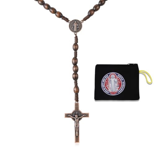 HANRESHE Wooden Beads Rosary Necklace Wooden Crosses Pendant Catholic Rosary Necklace for Men with St.Michael - color: brown