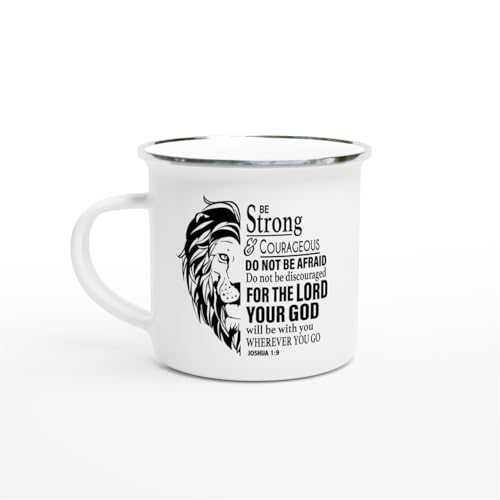 Christian Gifts Lion Ceramic Coffee Mug. Microwave and Dishwasher-safe Inspirational Scripture Coffee and Tea Mug for Men and Women with Bible Verse: Strong & Courageous – Joshua 1:9 - 12oz Enamel Cup - size: 12 Ounces