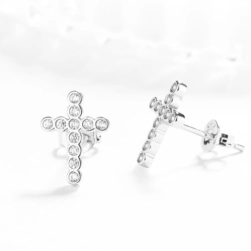 Sterling Silver & White Gold Plated Cross Earrings with Crystals for Women - style: Dainty Cross