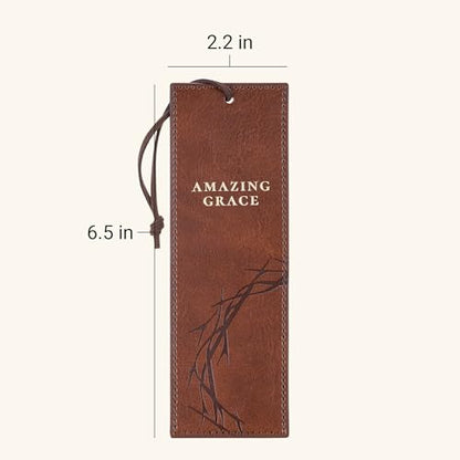 Christian Art Gifts Premium Faux Leather Scripture Bookmark: Amazing Grace - color: Brown Crown of Thorns/Amazing Grace