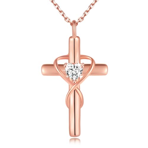 18K Gold Plated Cross Necklace for Women, 925 Sterling Silver Necklaces for Women, Infinity Heart Jewelry with 5A Cubic Zirconia, Anniversary Birthday Baptism Christian Gifts for Women Wife Her - color: Rose Gold
