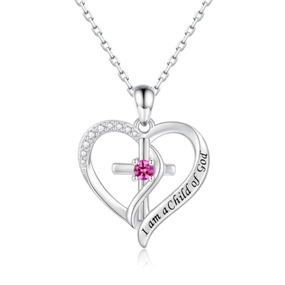 925 Sterling Silver I Am a Child of God Scripture Pendant with Birthstone Heart Cross Communion Necklace for Women Christian Faith Jewelry Gift - color: July