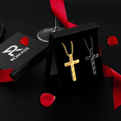 Romass Cross Necklace for Men Boys - 316L Stainless Steel Bible Verse Religious Pendant, Christian Jewelry Gifts for Son Husband, Graduation Gifts, Adjustable 22+2 inch Chain - color: Black+Gold, style: 2Pcs 4:13