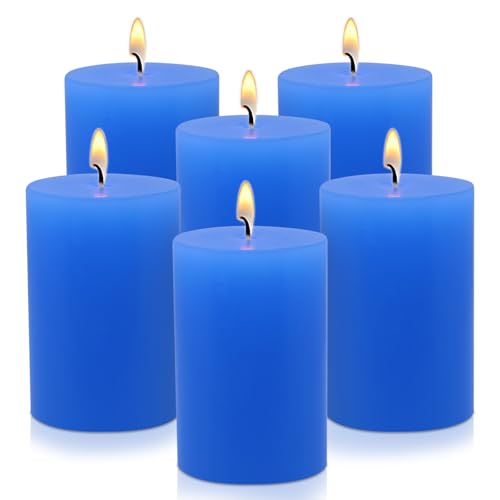 6 Packs 2.75x3.25 Inch Blue Colored Pillar Candles, Unscented Dripless Cylinder Paraffin Wax Candles for Home Table Holiday Party Spa Decor Emergency Power Outage - color: Blue