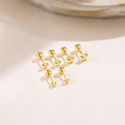 LLWOM 3 Pairs Tiny Flat Back Earrings, Hypoallergenic 14K Real Gold Plated Helix Cartilage Earrings Post Studs Jewelry for Women Gift - color: Gold-Star