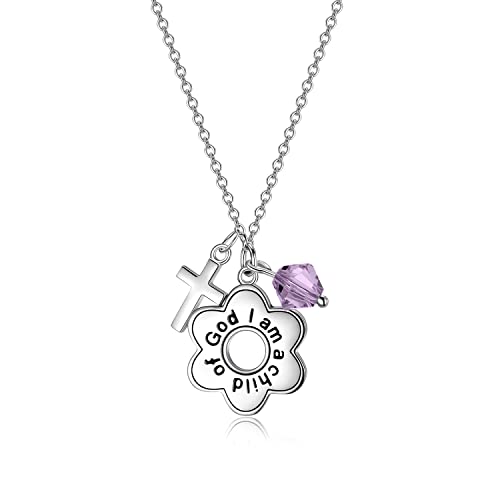 AOBOCO 925 Sterling Silver I Am a Child of God Daisy Necklace Jewelry Birthday Birthday Baptism Communion Gifts for Girls - color: Light purple