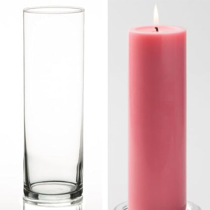 12 Eastland Glass Cylinder Vases 10.5" and 12 Pink Richland Pillar Candles 9" - color: Pink, size: 9"